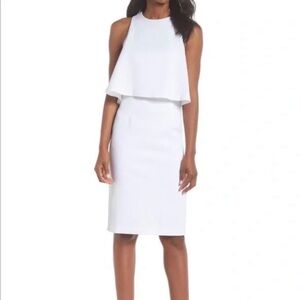 White Layered Overlay Sheath Dress | Sleeveless & Knee-Length Style | Size 6p